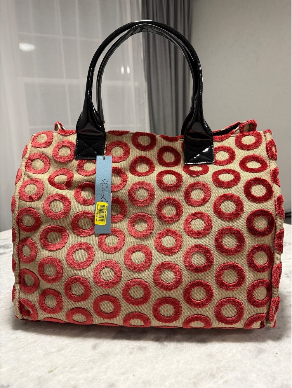 Kate Landry Beige and Red Circle Pattern Tote Bag with Black Patent Handles